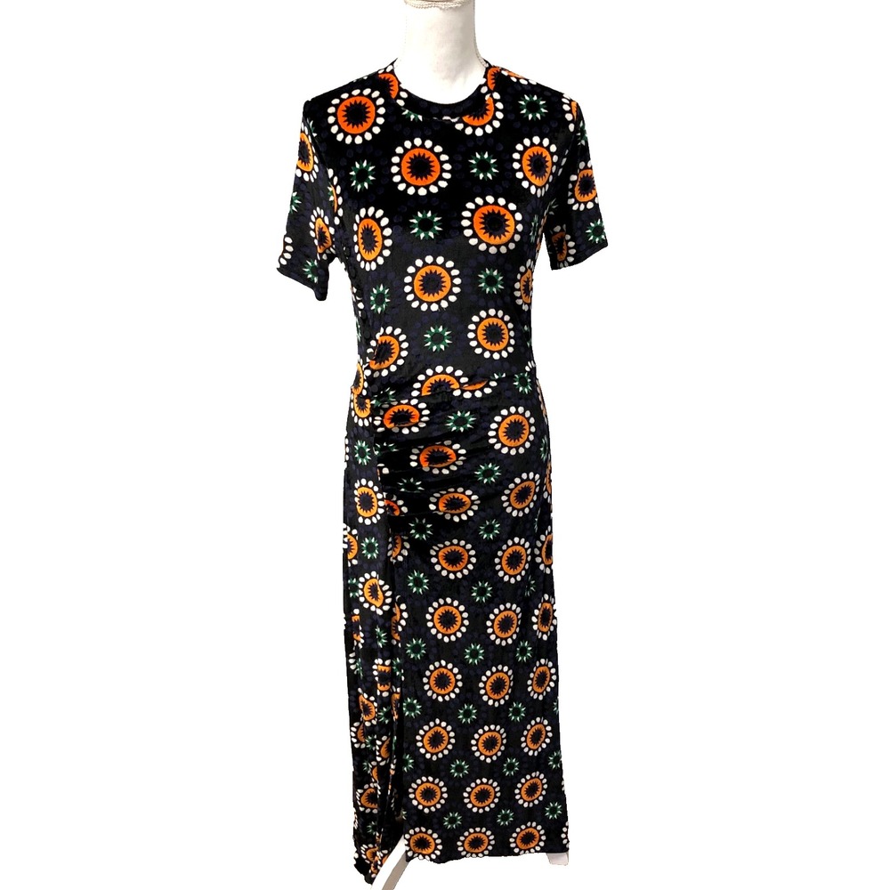 Paco Rabanne Velvet Velour Maxi Dress Womens 42 10 Short Sleeve Button Retro